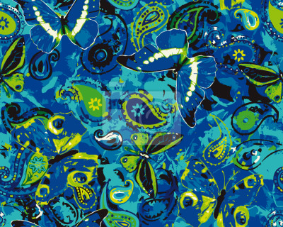 Papier peint à motif  Papillons bleu-vert avec des fleurs