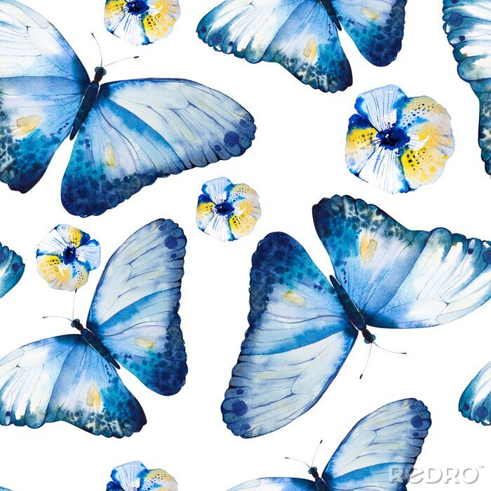 Papier peint à motif  Papillons bleus et fleurs de pensées