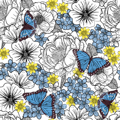 Papillons bleus et fleurs noires et blanches
