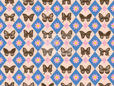 Papier peint à motif  Papillons bruns et fleurs roses