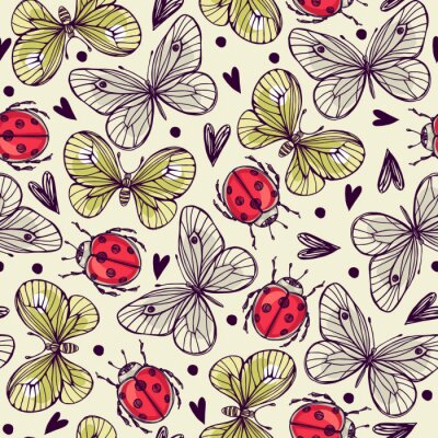 Papier peint à motif  Papillons coccinelles et coeurs