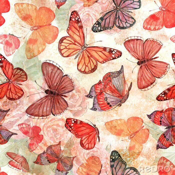 Papier peint à motif  Papillons colorés dans les tons orange