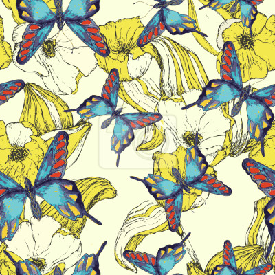 Papier peint à motif  Papillons colorés et fleurs jaunes