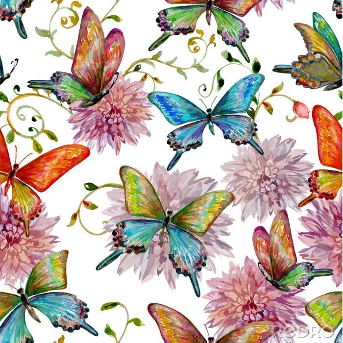 Papier peint à motif  Papillons colorés et fleurs roses