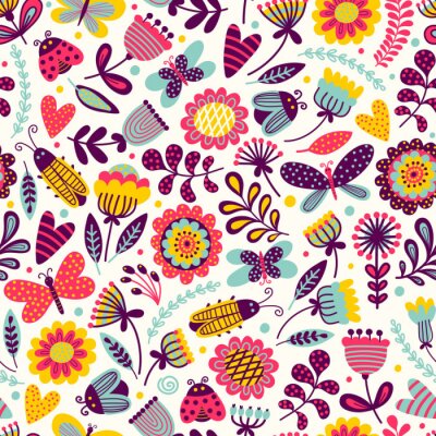 Papier peint à motif  Papillons colorés insectes fleurs et feuilles