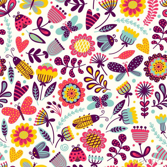 Papier peint à motif  Papillons colorés insectes fleurs et feuilles
