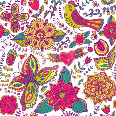 Papier peint à motif  Papillons colorés oiseaux et fleurs
