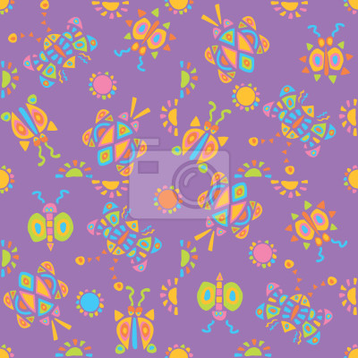 Papier peint à motif  Papillons colorés pour enfants sur fond violet