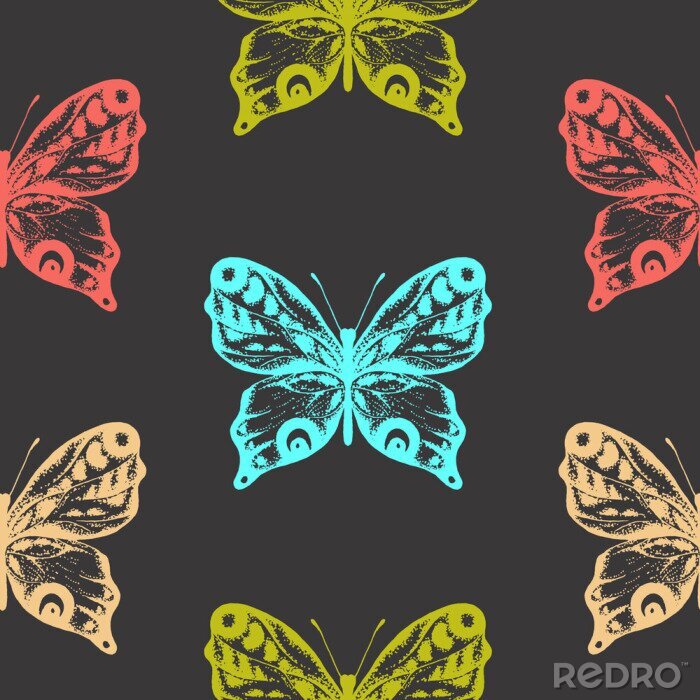 Papier peint à motif  Papillons colorés sur fond sombre