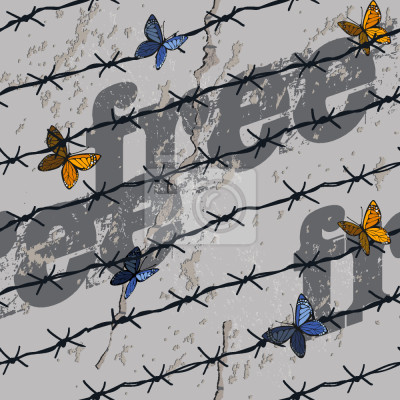 Papier peint à motif  Papillons colorés sur un grillage