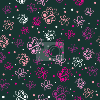 Papier peint à motif  Papillons dans les tons roses sur fond vert