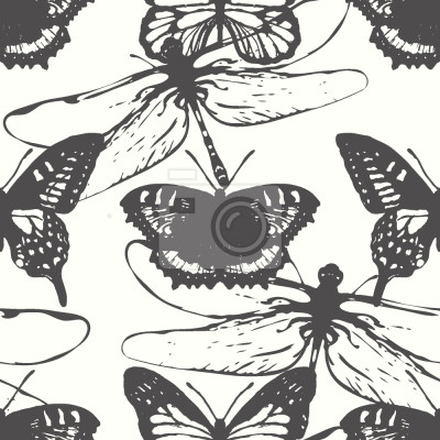 Papier peint à motif  Papillons de style rétro gris