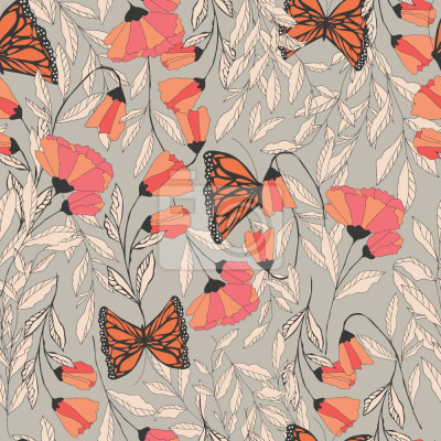 Papier peint à motif  Papillons et coquelicots dans un style minimaliste