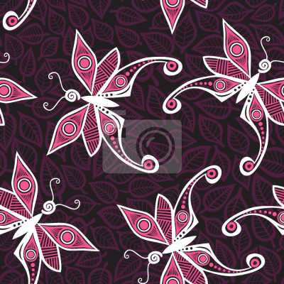 Papier peint à motif  Papillons et feuilles fuchsia