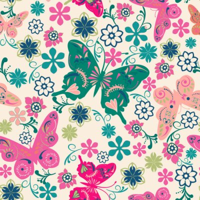 Papier peint à motif  Papillons et fleurs à motifs colorés