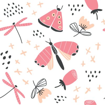 Papier peint à motif  Papillons et fleurs de libellule pour les filles
