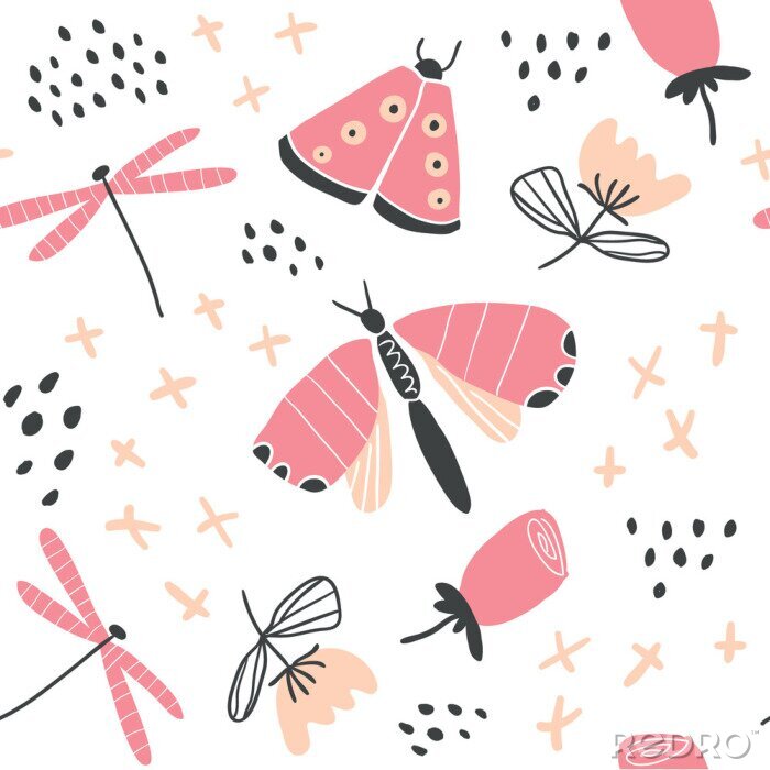 Papier peint à motif  Papillons et fleurs de libellule pour les filles