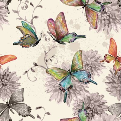 Papier peint à motif  Papillons et fleurs de style rétro