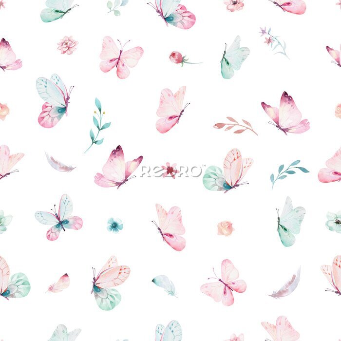 Papier peint à motif  Papillons et fleurs en couleurs pastel