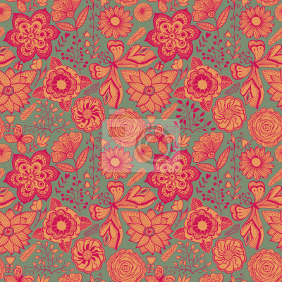 Papier peint à motif  Papillons et fleurs rouge-orange