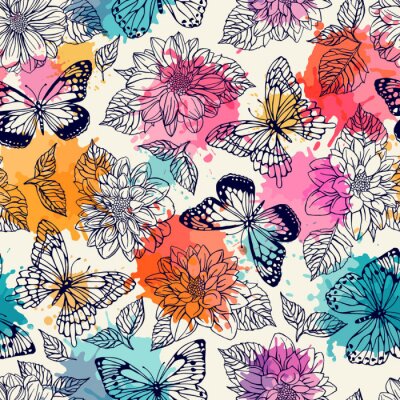 Papillons et fleurs sur fond aquarelle