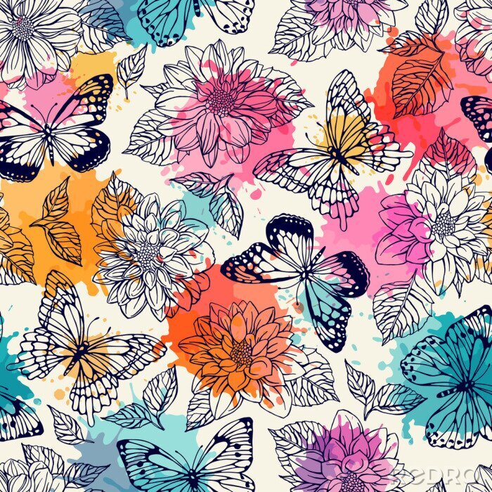 Papier peint à motif  Papillons et fleurs sur fond aquarelle