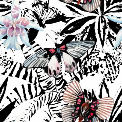 Papillons et fleurs sur fond noir et blanc