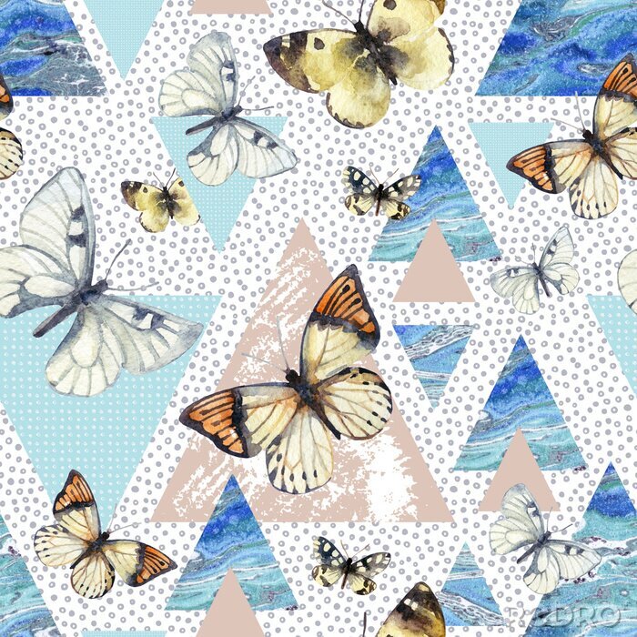 Papier peint à motif  Papillons et fond coloré géométrique