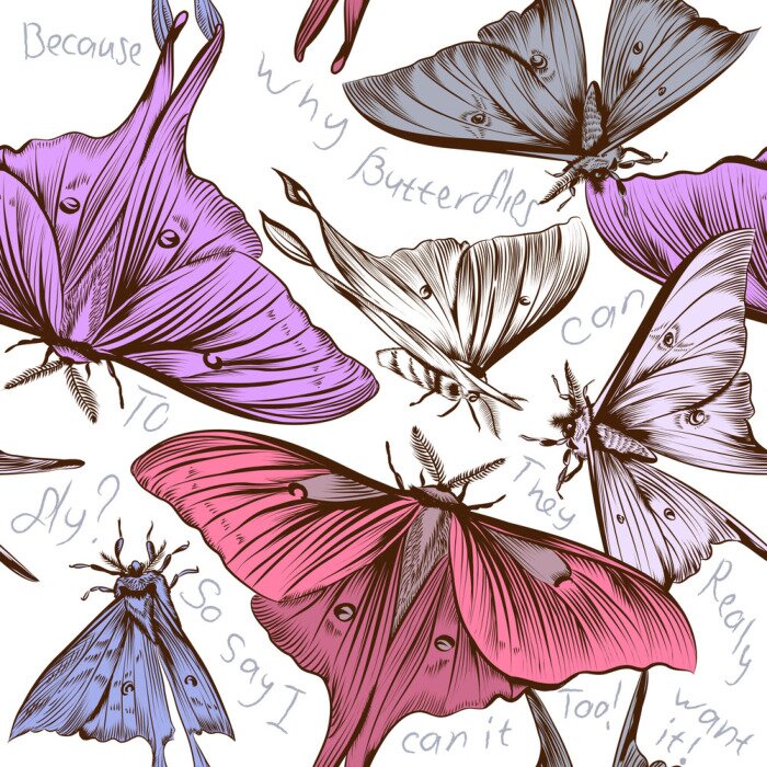 Papier peint à motif  Papillons et inscriptions sur fond blanc