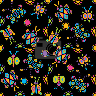 Papier peint à motif  Papillons et insectes colorés sur fond noir