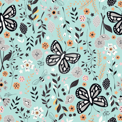 Papier peint à motif  Papillons et petites fleurs