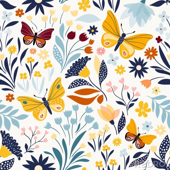 Papier peint à motif  Papillons fleurs et feuilles de style scandinave