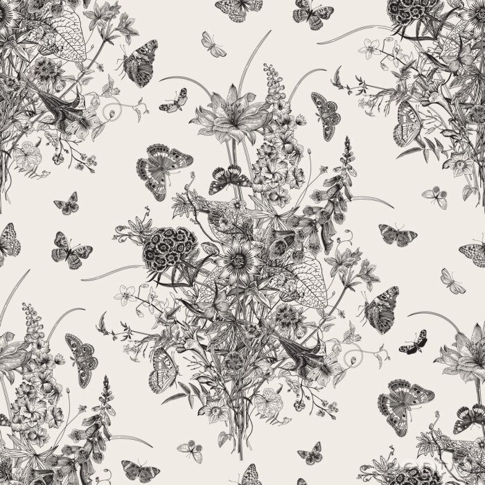 Papier peint à motif  Papillons gris et bouquets de fleurs sauvages vintage
