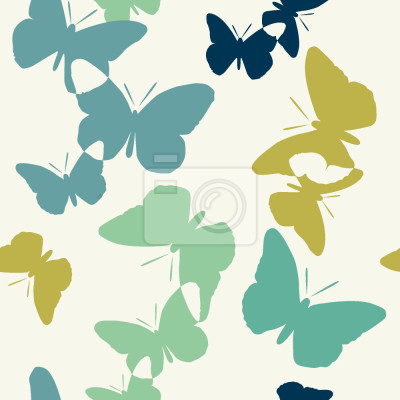 Papier peint à motif  Papillons jaunes et bleus sur fond blanc