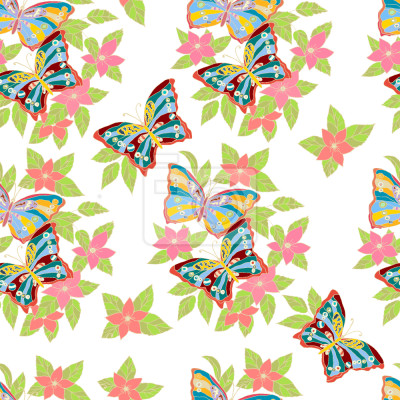 Papier peint à motif  Papillons multicolores sur les fleurs