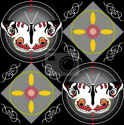 Papier peint à motif  Papillons noir-blanc-rouge sur le fond