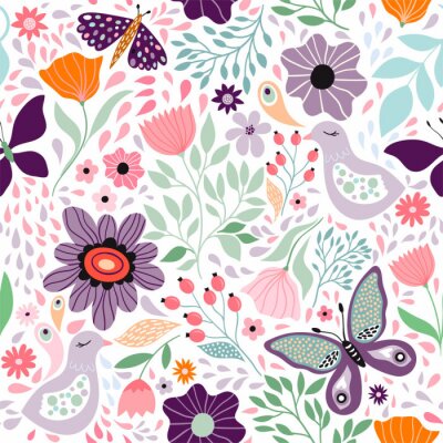 Papier peint à motif  Papillons, oiseaux et fleurs de fille