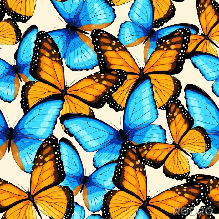 Papier peint à motif  Papillons orange et bleu