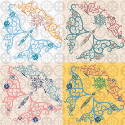 Papier peint à motif  Papillons ornementaux sur carreaux