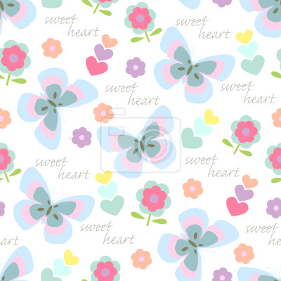 Papier peint à motif  Papillons pastel coeurs et fleurs