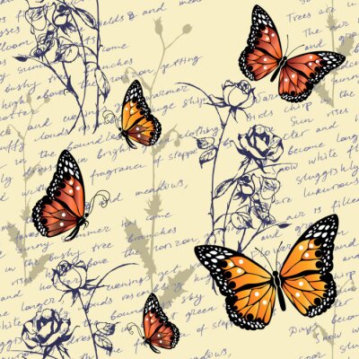 Papier peint à motif  Papillons peints roses et lettres