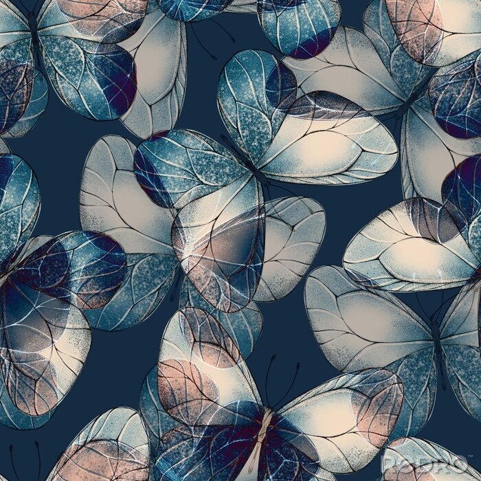 Papier peint à motif  Papillons rétro réalistes bleus