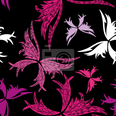 Papier peint à motif  Papillons roses abstraits sur fond noir