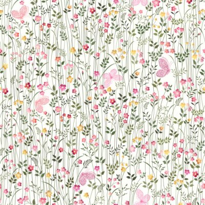 Papier peint à motif  Papillons roses sur un pré avec des fleurs