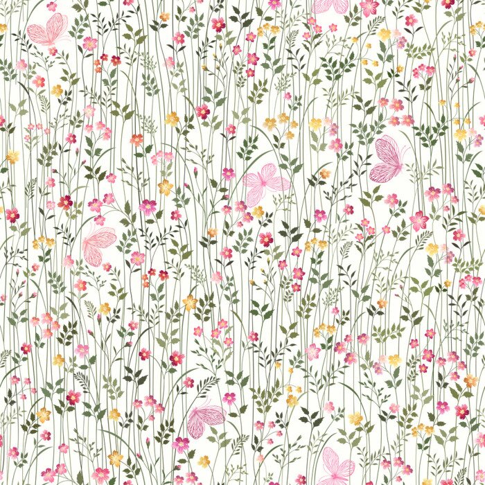 Papier peint à motif  Papillons roses sur un pré avec des fleurs