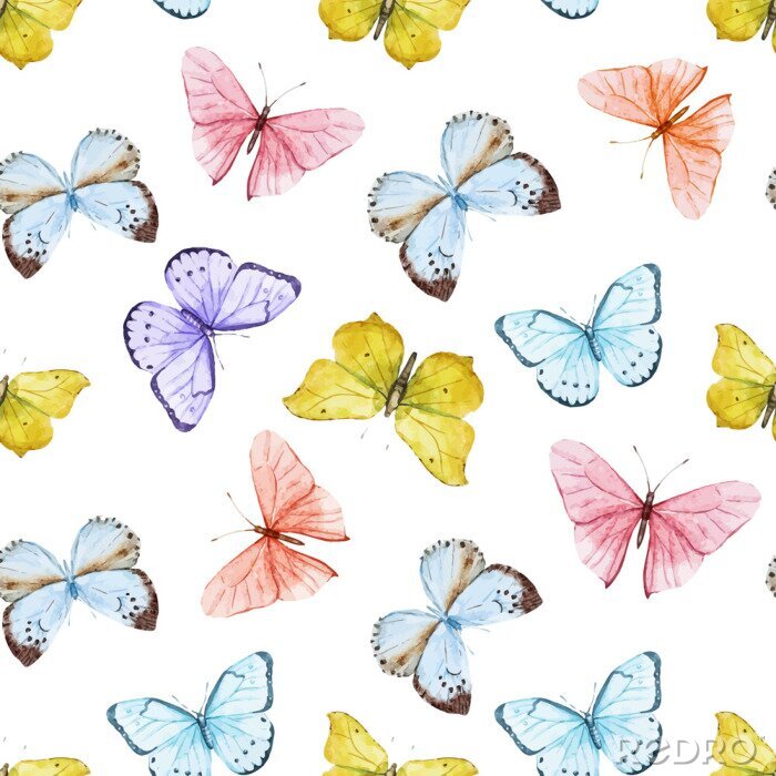 Papier peint à motif  Papillons roses violets jaunes et bleus