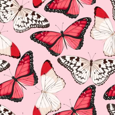 Papier peint à motif  Papillons rouges et beiges sur fond rose