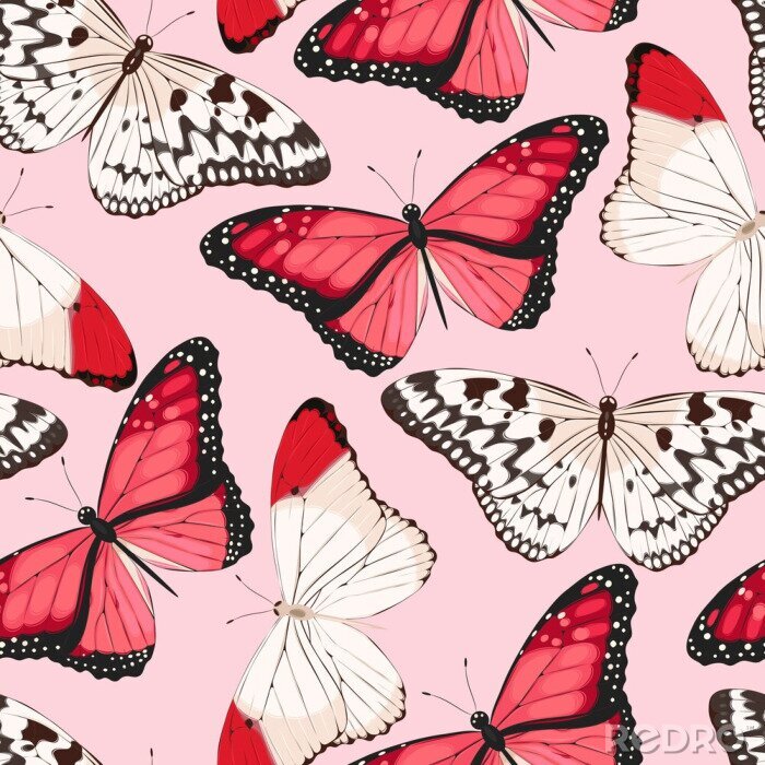 Papier peint à motif  Papillons rouges et beiges sur fond rose