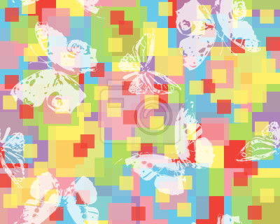 Papier peint à motif  Papillons sur un fond avec des pixels de couleur