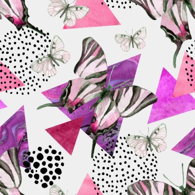 Papier peint à motif  Papillons sur un fond géométrique coloré